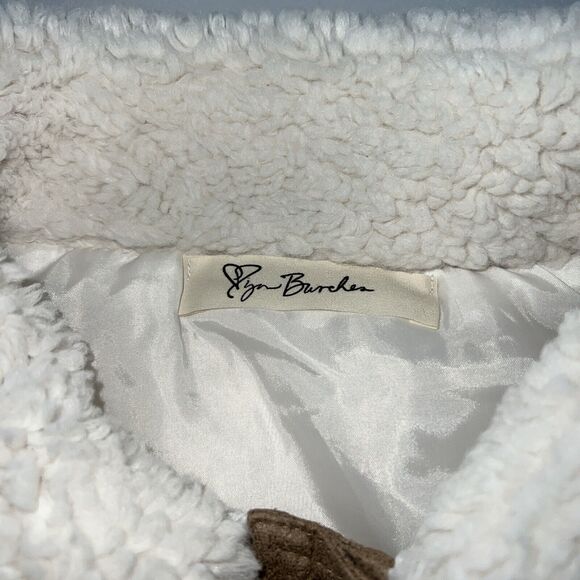 Lyn Burches Creme Colored Sherpa and Suede Trim Jacket Cozy Warm Snaps Casual - Picture 6 of 11